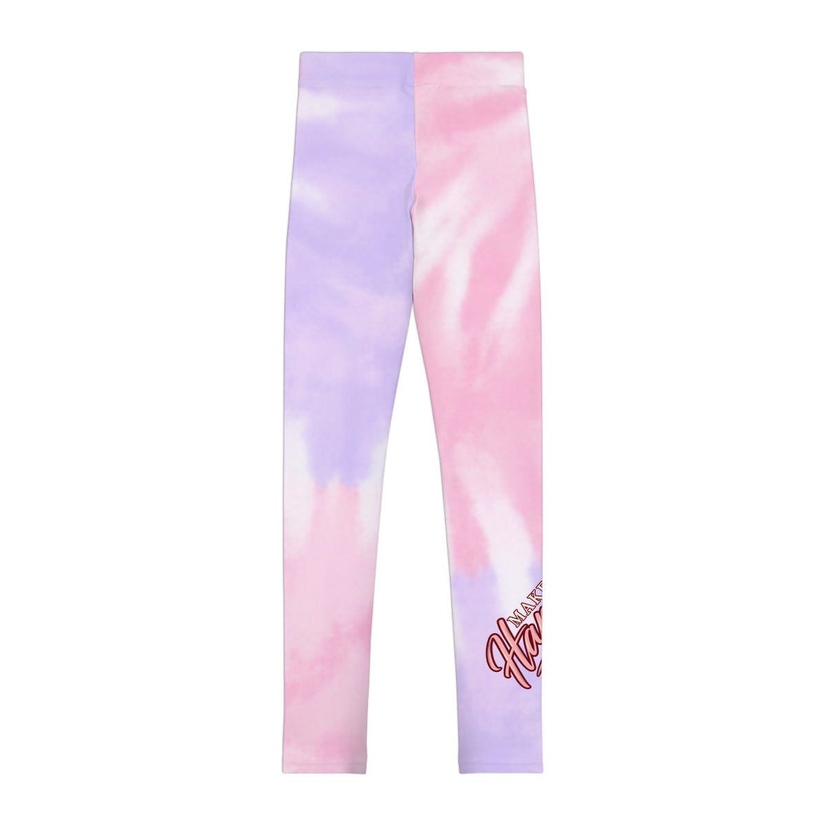 Youth Tie-Dye Leggings — Pastel Pink & Lavender AOP with 'Kind' Script