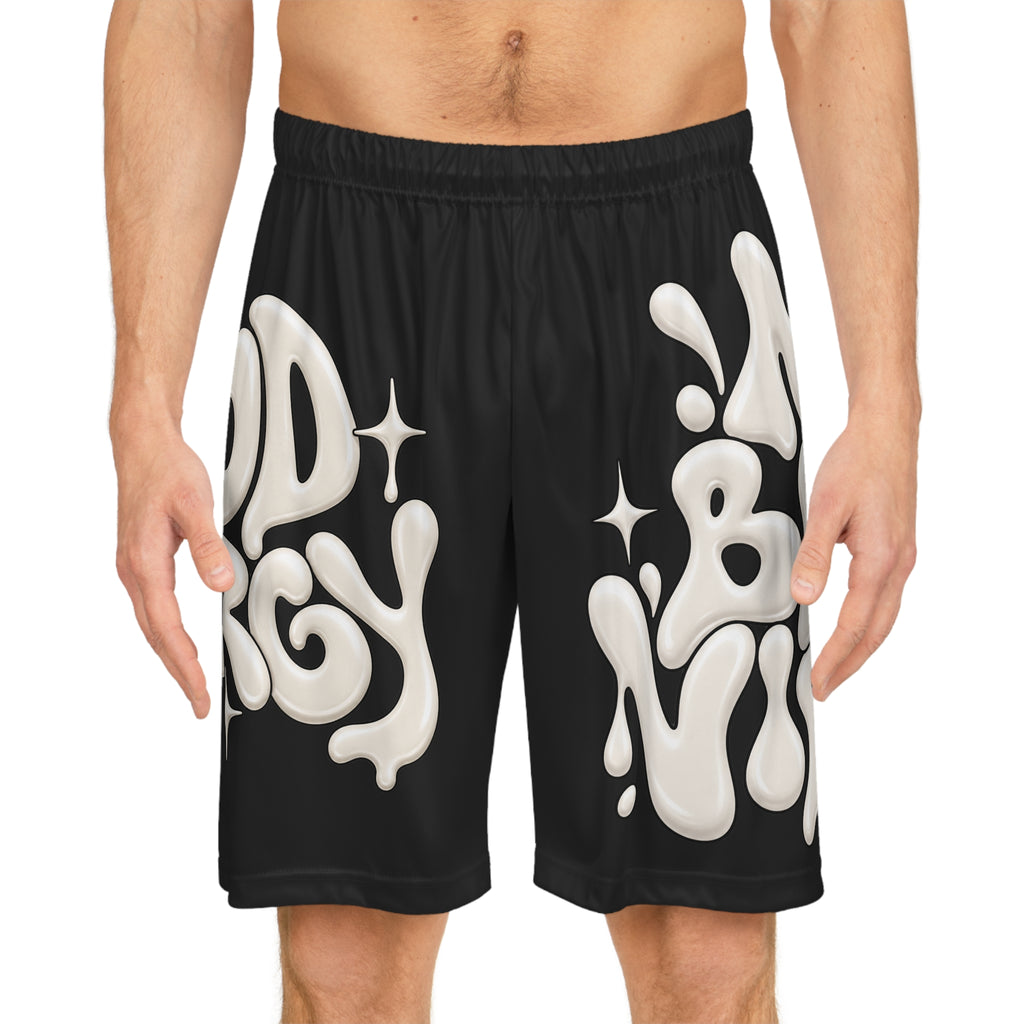 Good Vibes Black Basketball Shorts – 'Good Energy' All-Over Print — product photo 3 of 4 | madeyourmark