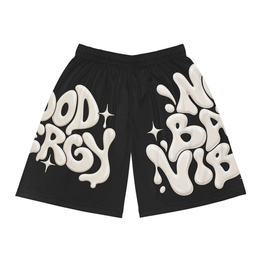 Good Vibes Black Basketball Shorts – 'Good Energy' All-Over Print — product photo 1 of 4 | madeyourmark