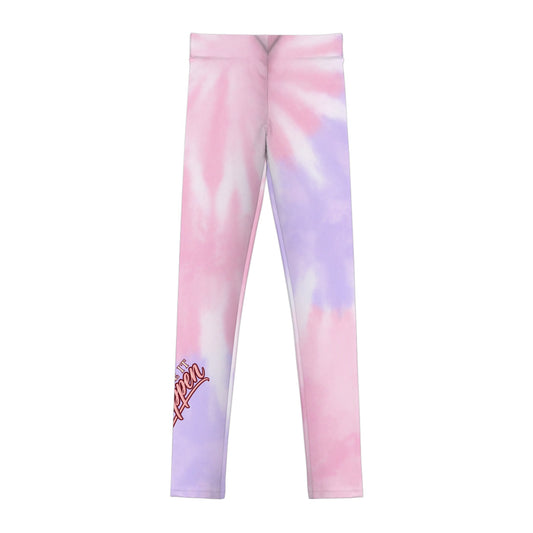 Youth Tie-Dye Leggings — Pastel Pink & Lavender AOP with 'Kind' Script