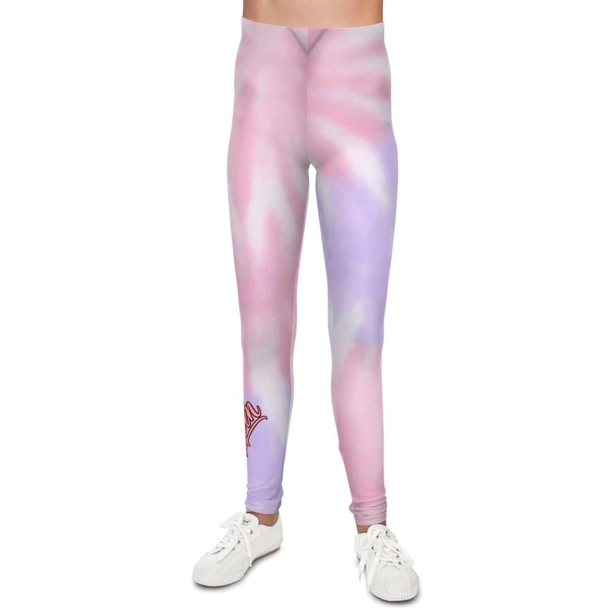 Youth Tie-Dye Leggings — Pastel Pink & Lavender AOP with 'Kind' Script