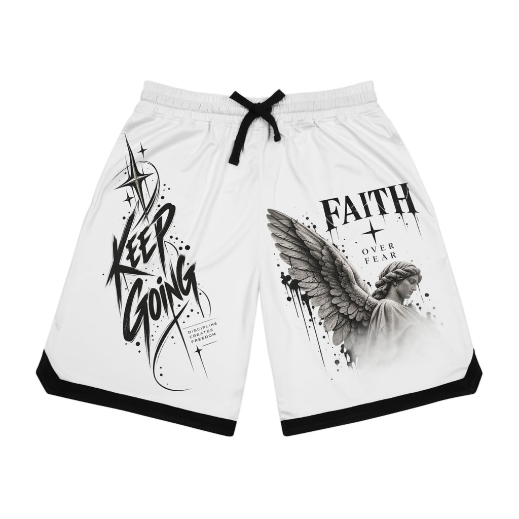 Faith Over Fear Basketball Shorts – 'Keep Going' Motivational AOP — product photo 1 of 4 | madeyourmark