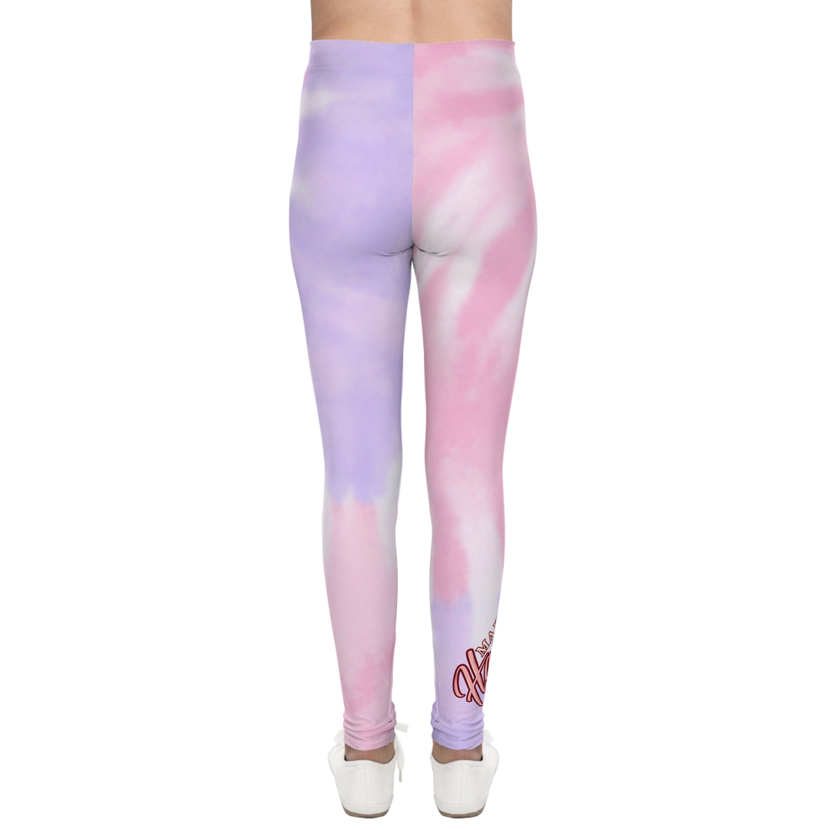 Youth Tie-Dye Leggings — Pastel Pink & Lavender AOP with 'Kind' Script