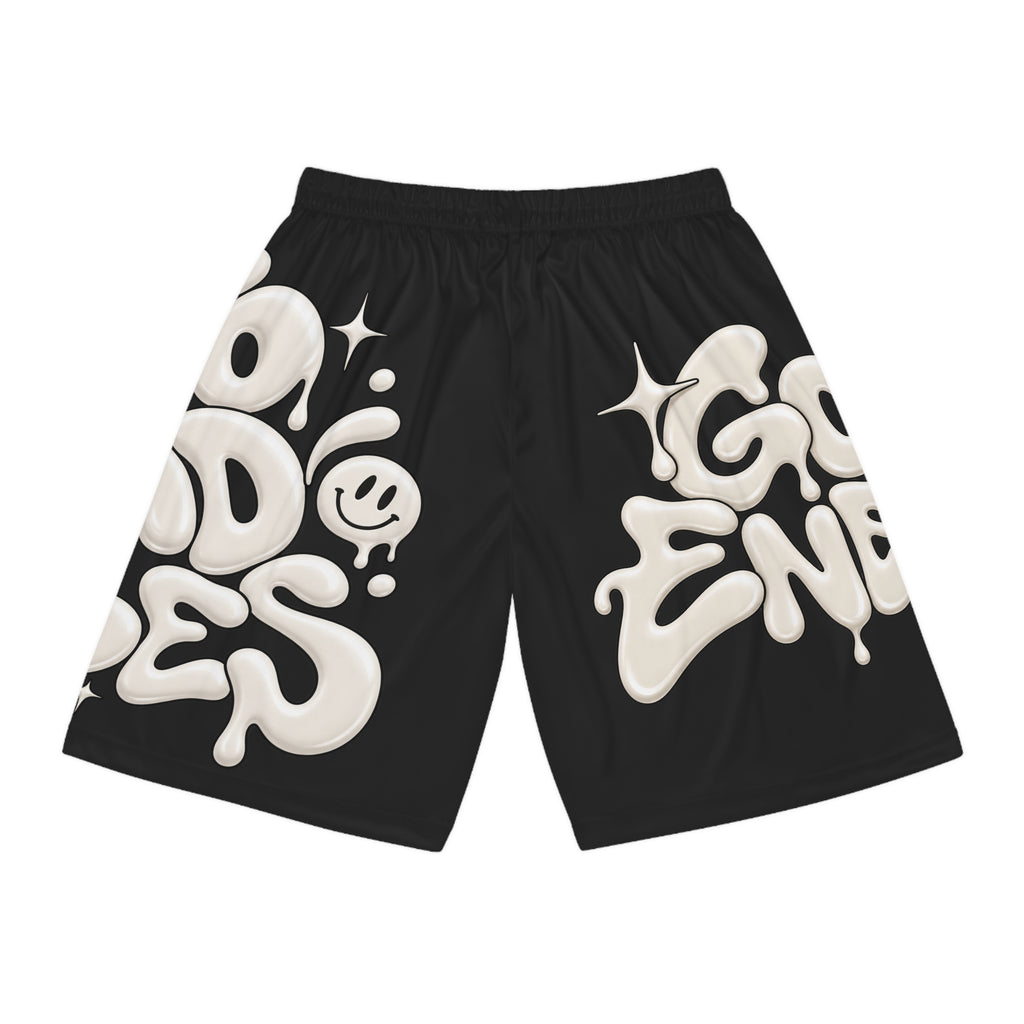 Good Vibes Black Basketball Shorts – 'Good Energy' All-Over Print — product photo 2 of 4 | madeyourmark