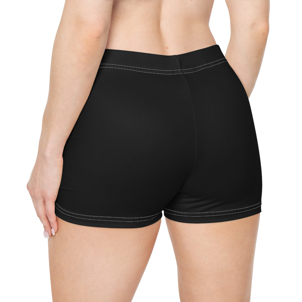 Women's Black Active Shorts — Stretchy AOP Fitness & Swim Bottoms