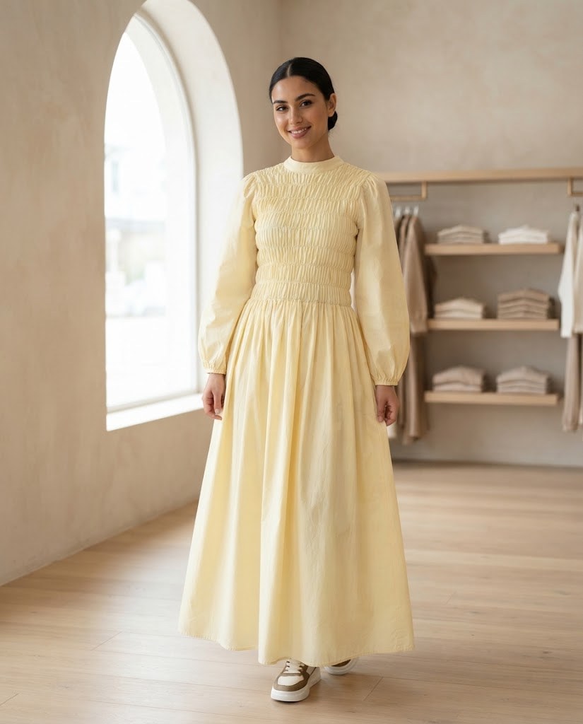 Model wearing the pale-yellow smocked long modest outfit – the photo was created with AI; the item itself is a real product from our store