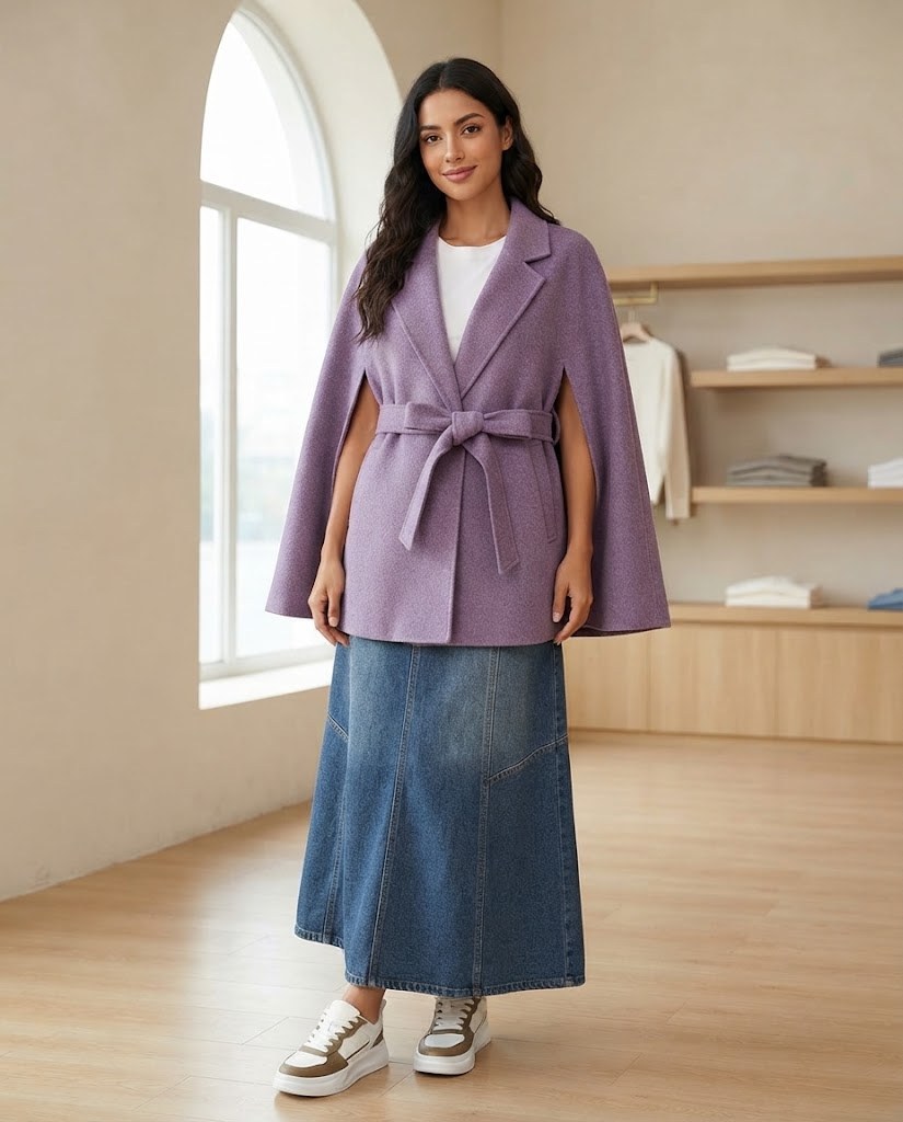 Model wearing the purple belted wool cape coat – the photo was created with AI; the item itself is a real product from our store