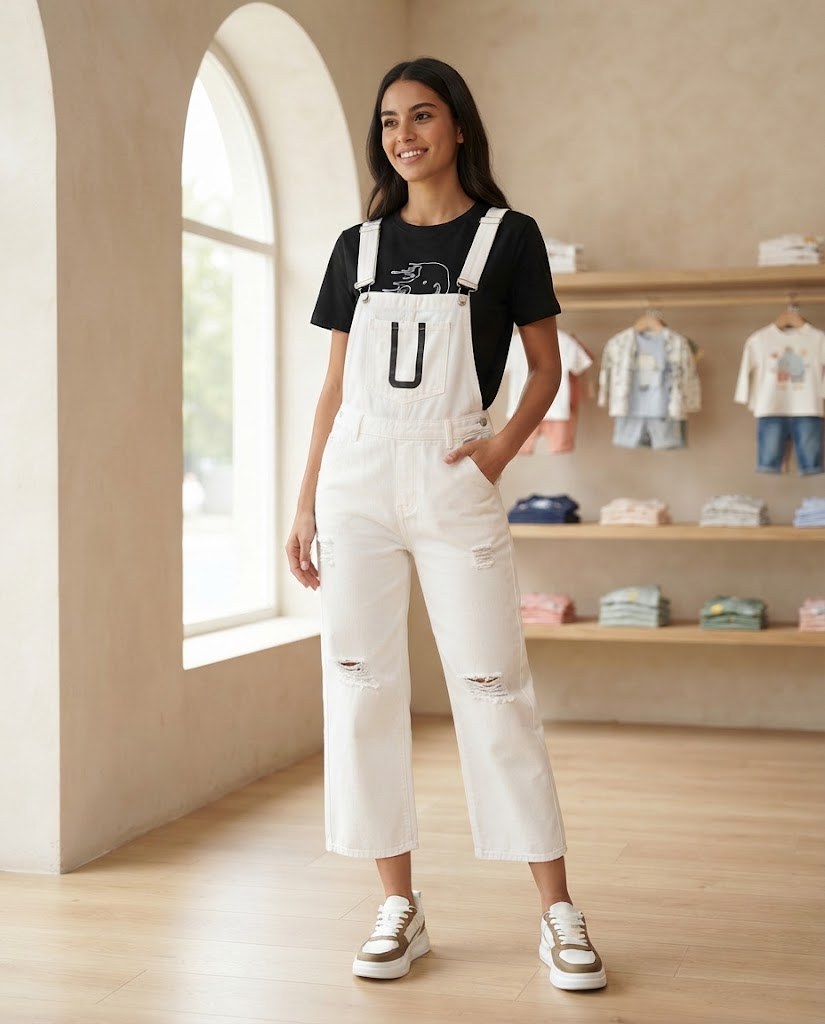 Model wearing the white denim overalls – the photo was created with AI; the item itself is a real product from our store
