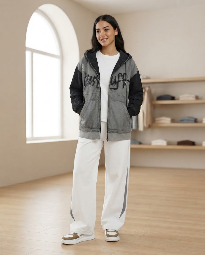 Model wearing the washed-grey hooded zip jacket – the photo was created with AI; the item itself is a real product from our store