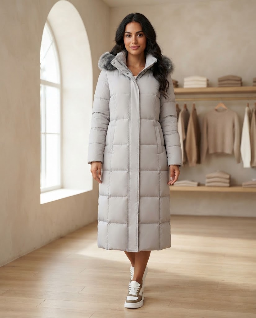Model wearing the long light-grey puffer coat – the photo was created with AI; the item itself is a real product from our store