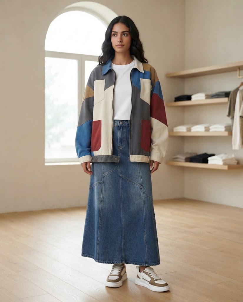 Model wearing the oversized patchwork jacket – the photo was created with AI; the item itself is a real product from our store