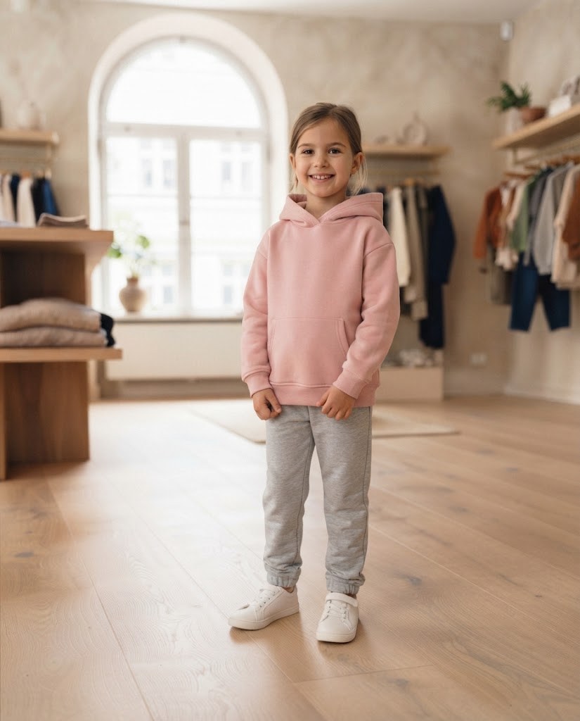 Boy wearing the kids camo print sweatshirt – the photo was created with AI; the item itself is a real product from our store