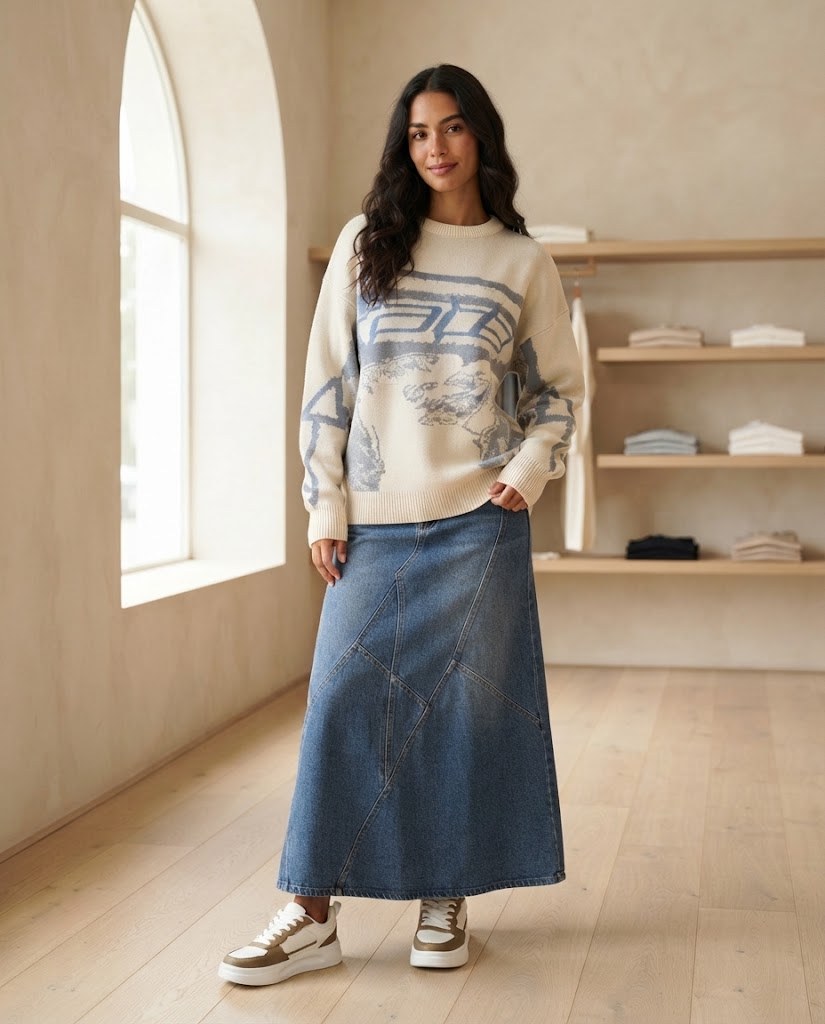 Model wearing the long high-waist denim maxi skirt – the photo was created with AI; the item itself is a real product from our store