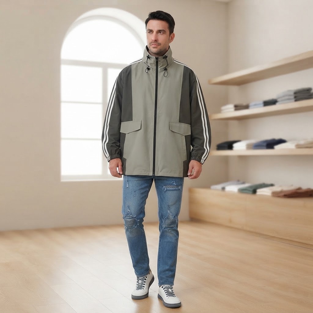 Model wearing the two-tone jacket with white sleeve stripes – the photo was created with AI; the item itself is a real product from our store