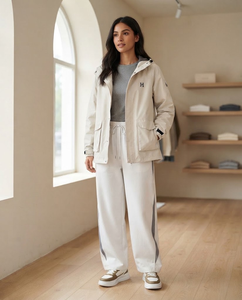 Model wearing the light hooded windbreaker – the photo was created with AI; the item itself is a real product from our store