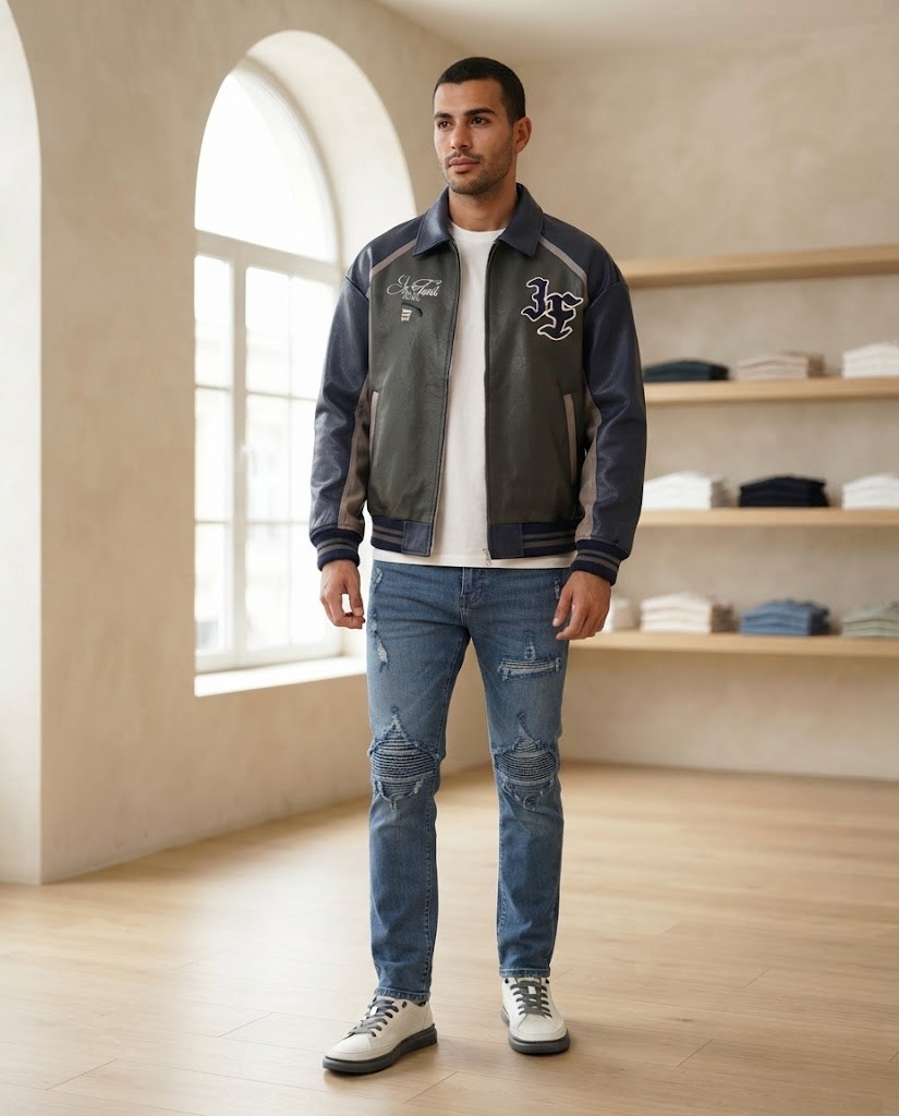 Model wearing the leather jacket with embroidered patches – the photo was created with AI; the item itself is a real product from our store
