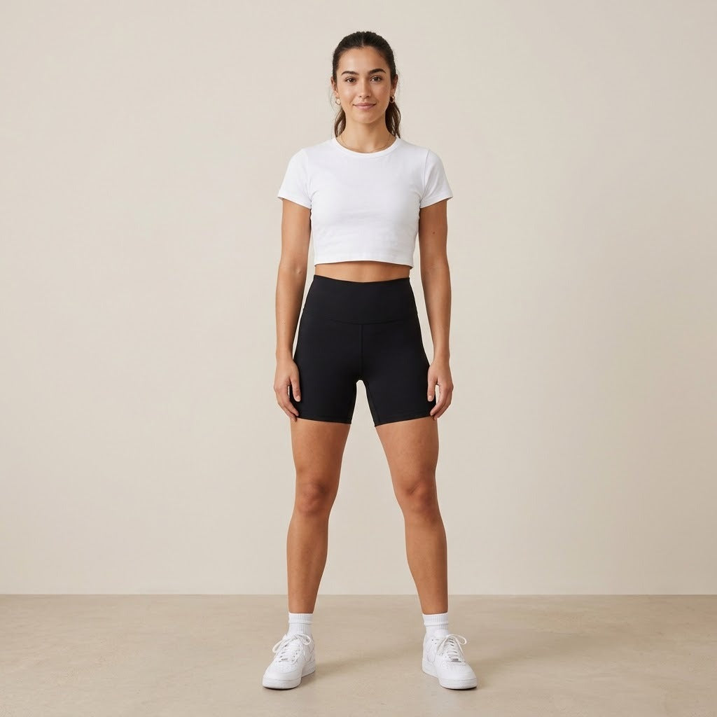 Model wearing women's high-waist bike shorts