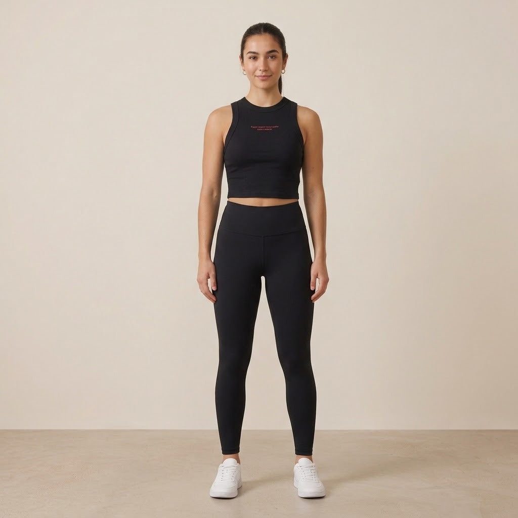 Model wearing a black racerback athletic tank top