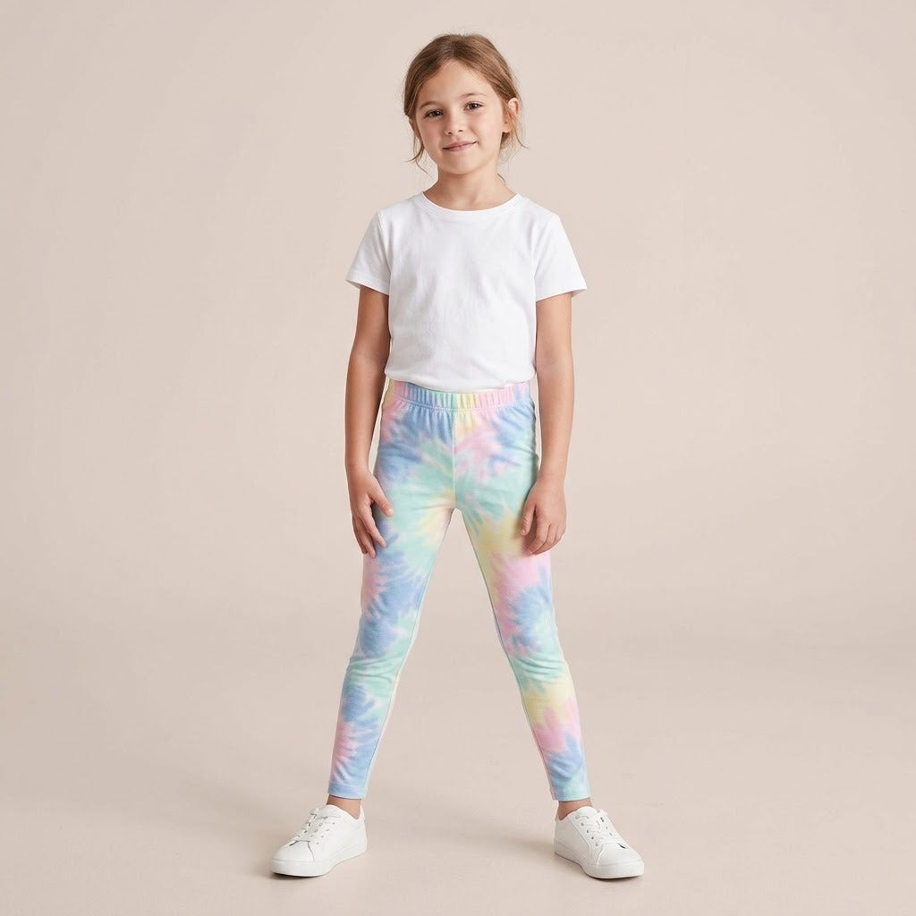 Girl wearing pastel tie-dye leggings