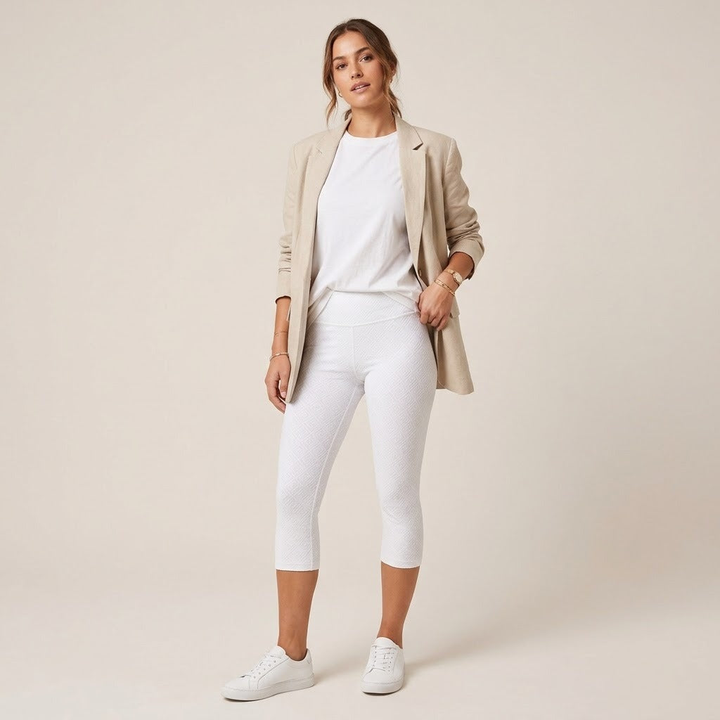 Model wearing white capri leggings