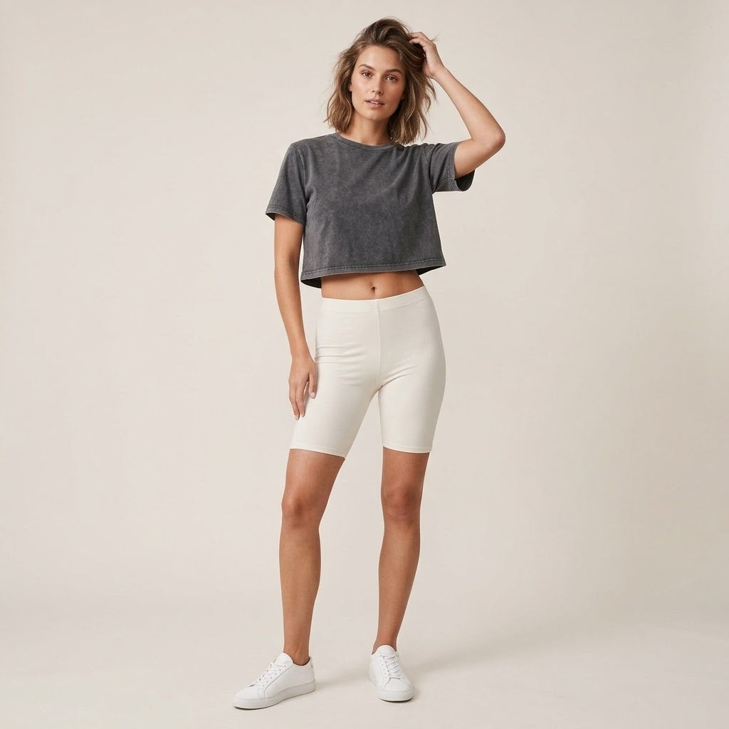 Model wearing a vintage gray stonewash cropped tee