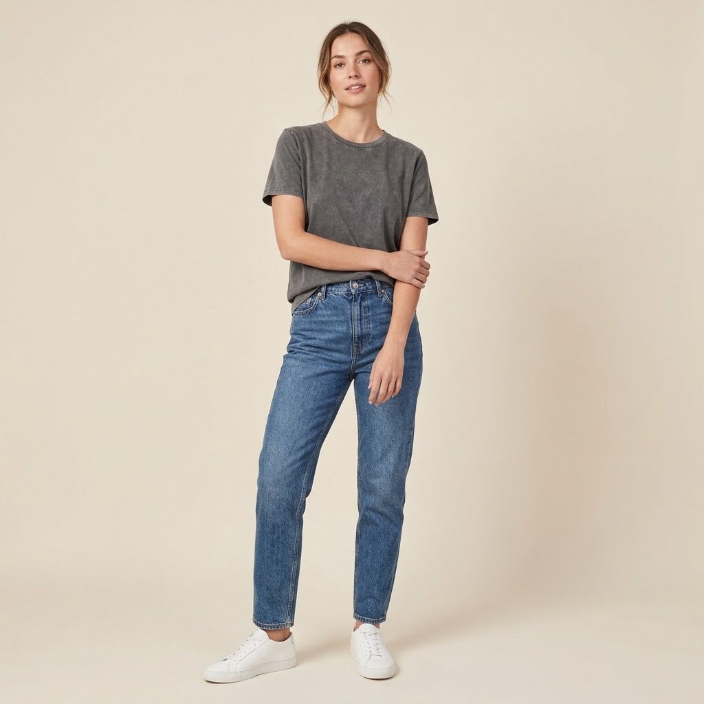 Model wearing a gray stone-wash t-shirt