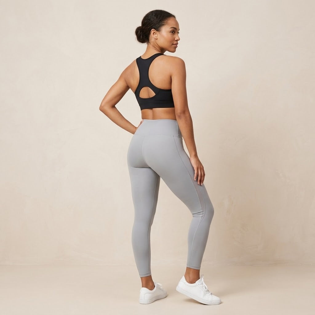 Model wearing a black racerback sports bra