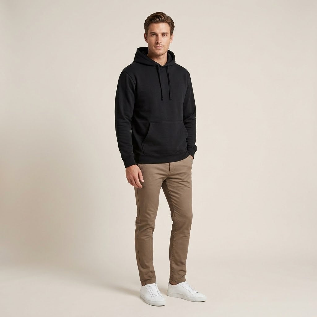 Model wearing a black pullover hoodie
