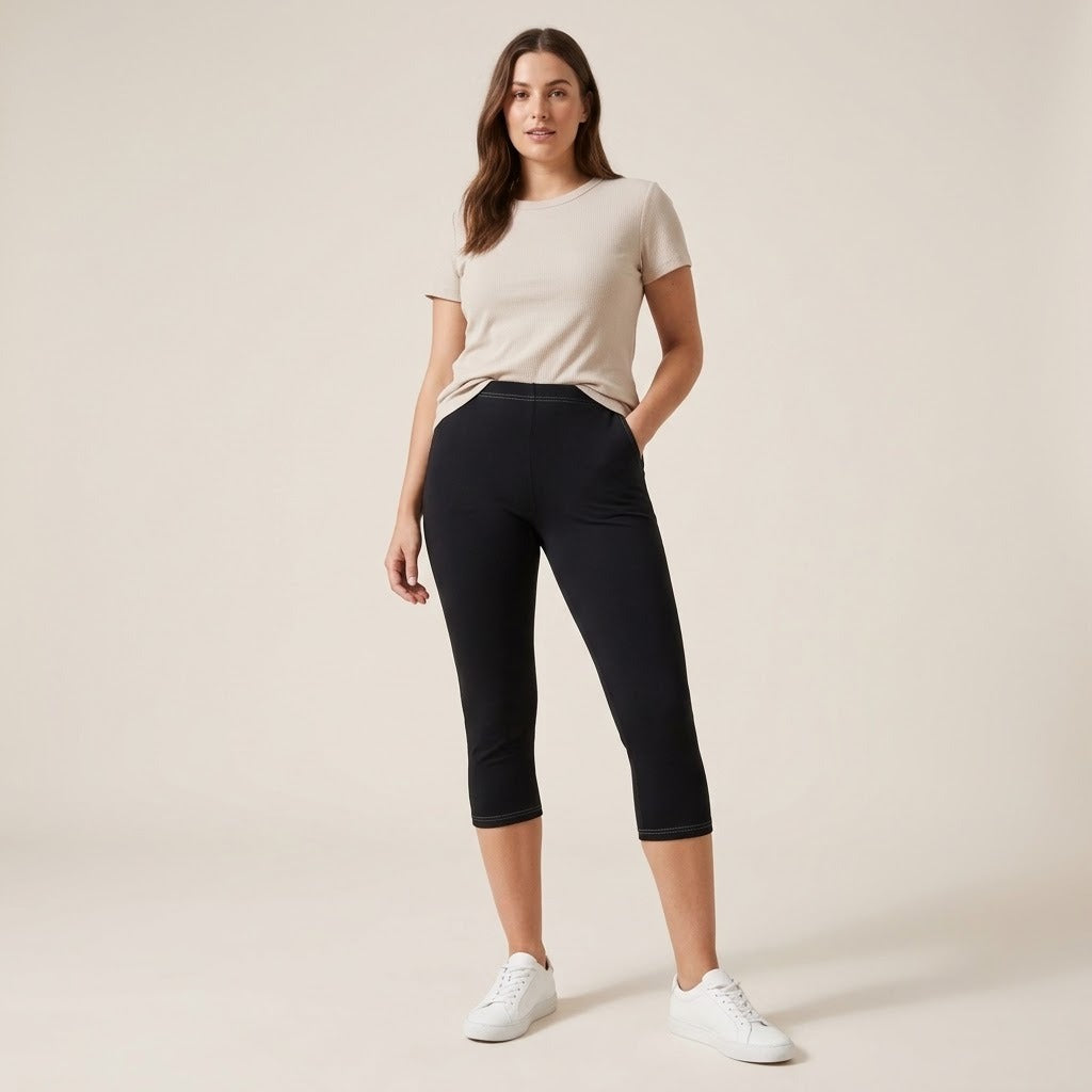 Model wearing black capri leggings