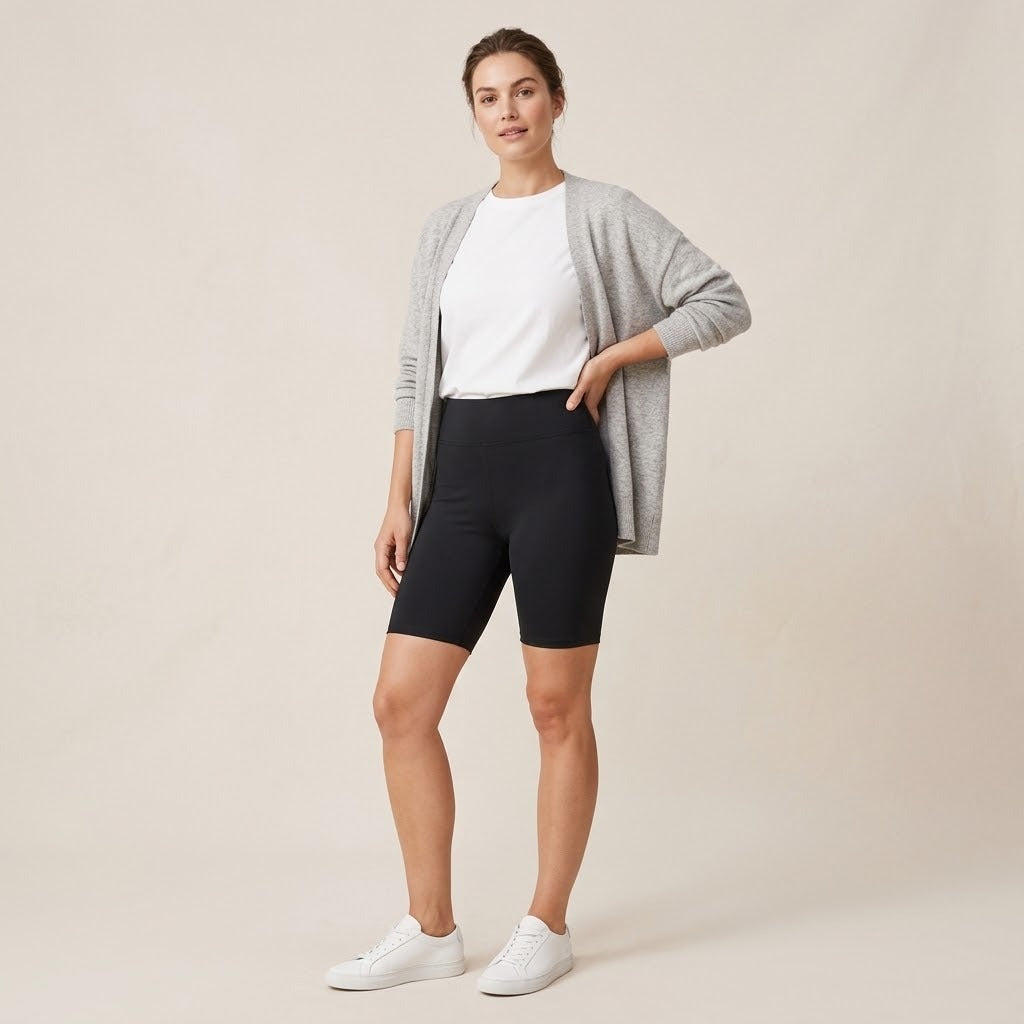 Model wearing black high-waist biker shorts