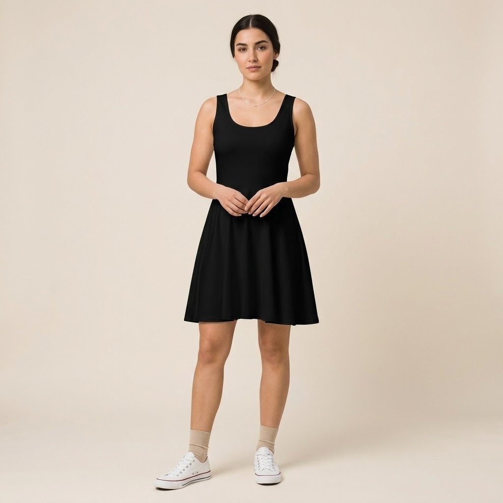 Model wearing black skater dress