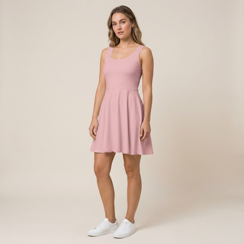 Model wearing a pink skater dress