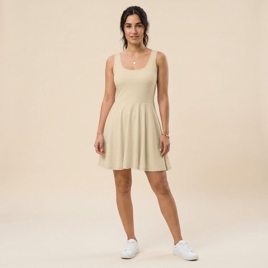 Model wearing a beige skater dress
