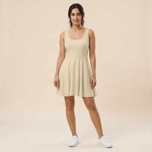 Model wearing a beige skater dress