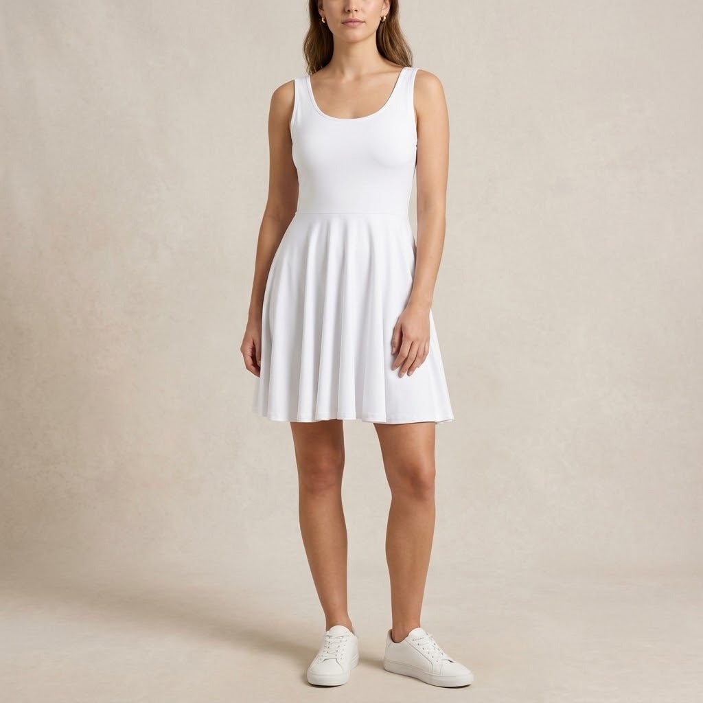 Model wearing a white skater dress