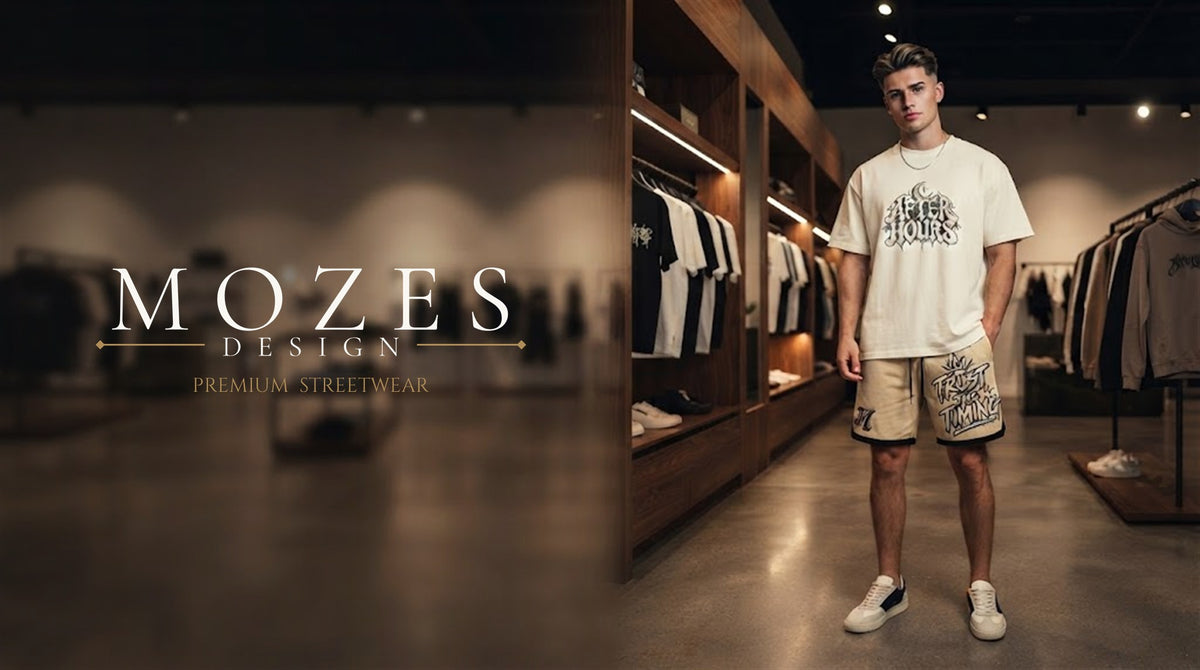 Model wearing the Mozes Design After Hours tee and Trust the Timing shorts in a streetwear boutique