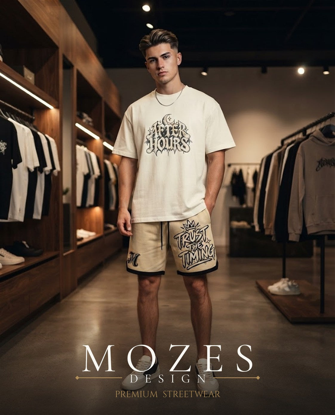 Model wearing the Mozes Design After Hours tee and Trust the Timing shorts in a streetwear boutique