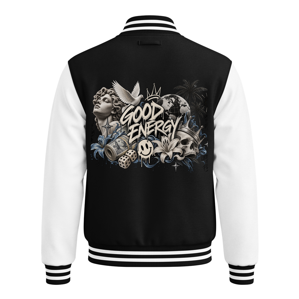 Classic Varsity Letterman Jacket — Black & White Streetwear — Back view | madeyourmark