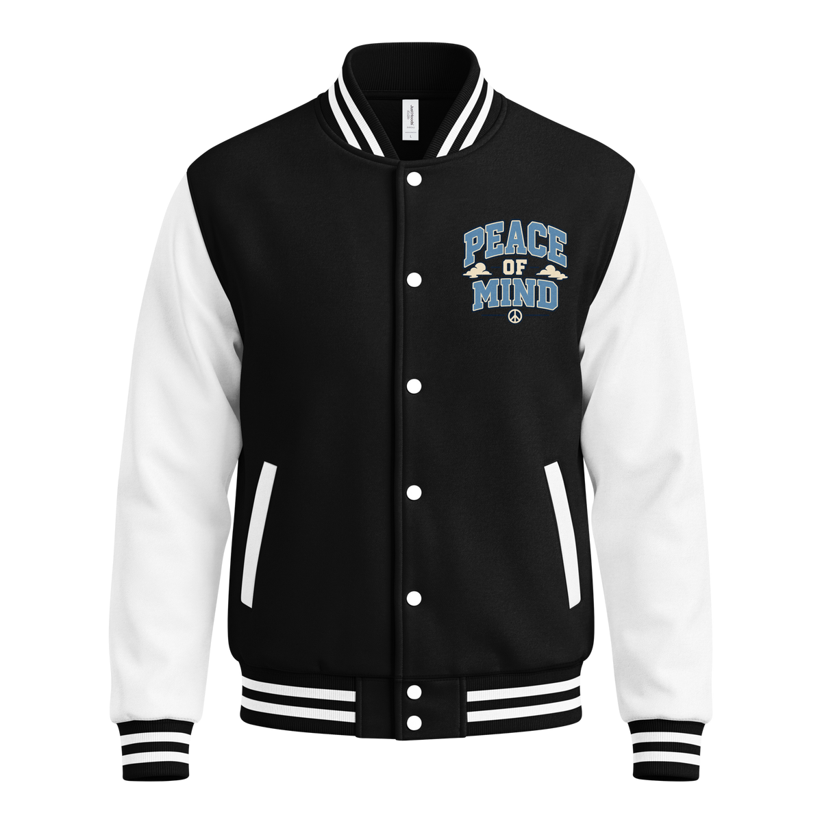 Classic Varsity Letterman Jacket — Black & White Streetwear — Front view | madeyourmark
