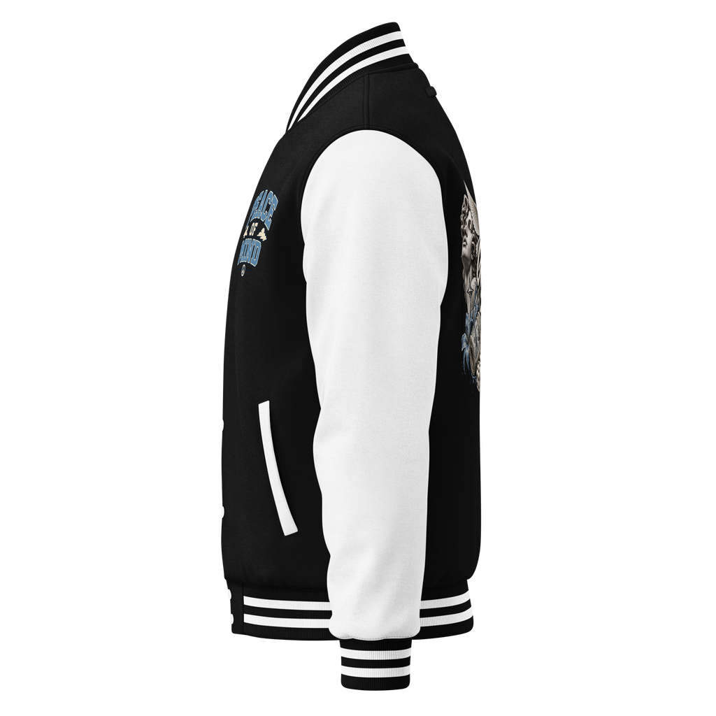 Classic Varsity Letterman Jacket — Black & White Streetwear — Left side view | madeyourmark